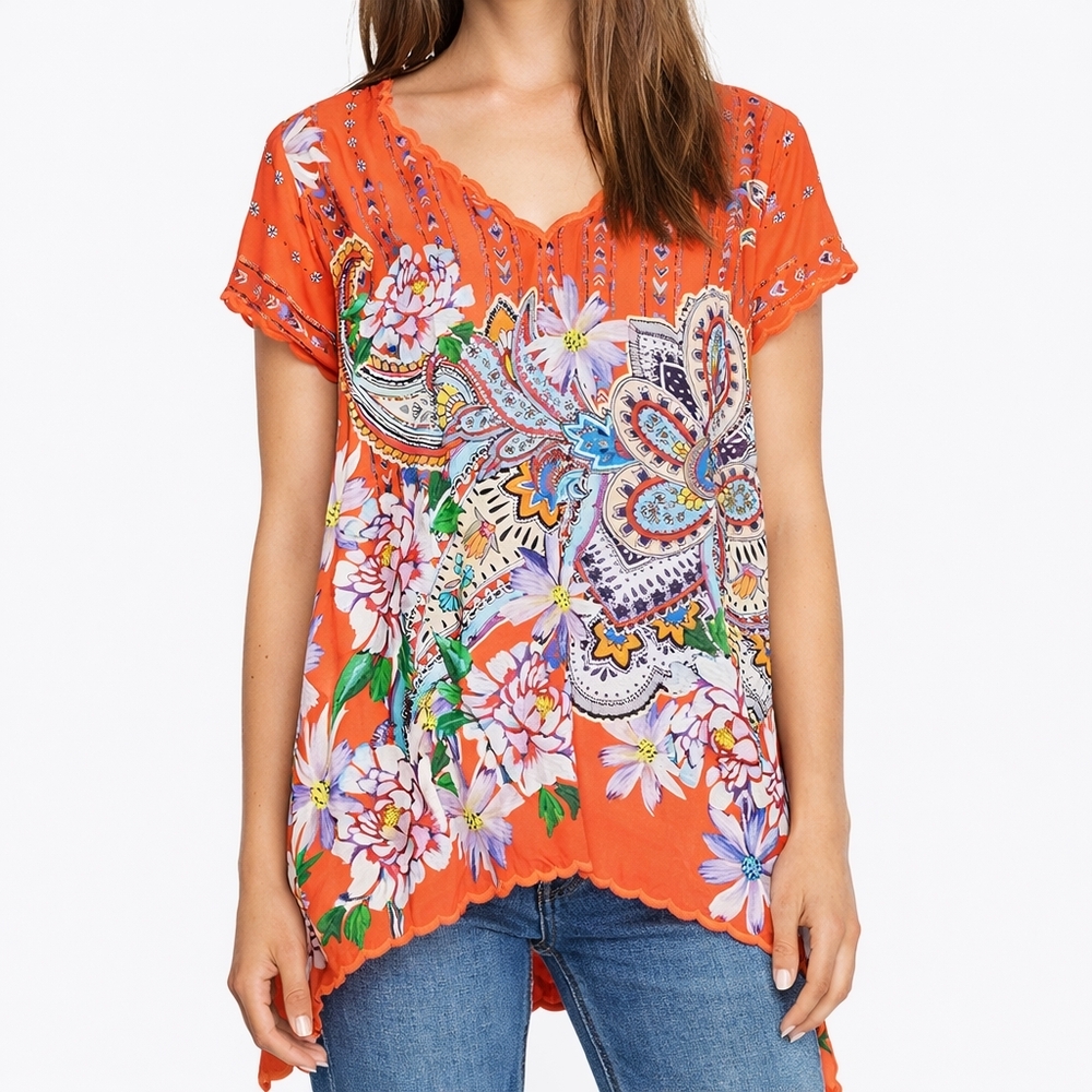 NWOT Johnny Was Silk Boho Flowy Linko Floral Printed‎ Blouse Top Shirt Paisley S